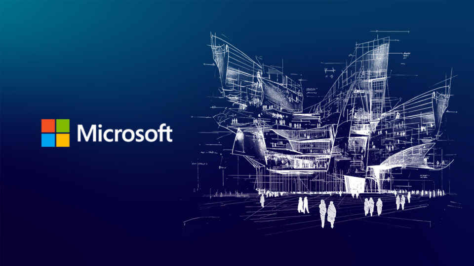 On the left side of the image is the Microsoft logo and name. On the right side is an artistic drawing of a future office building and people outside in white against a blue background.