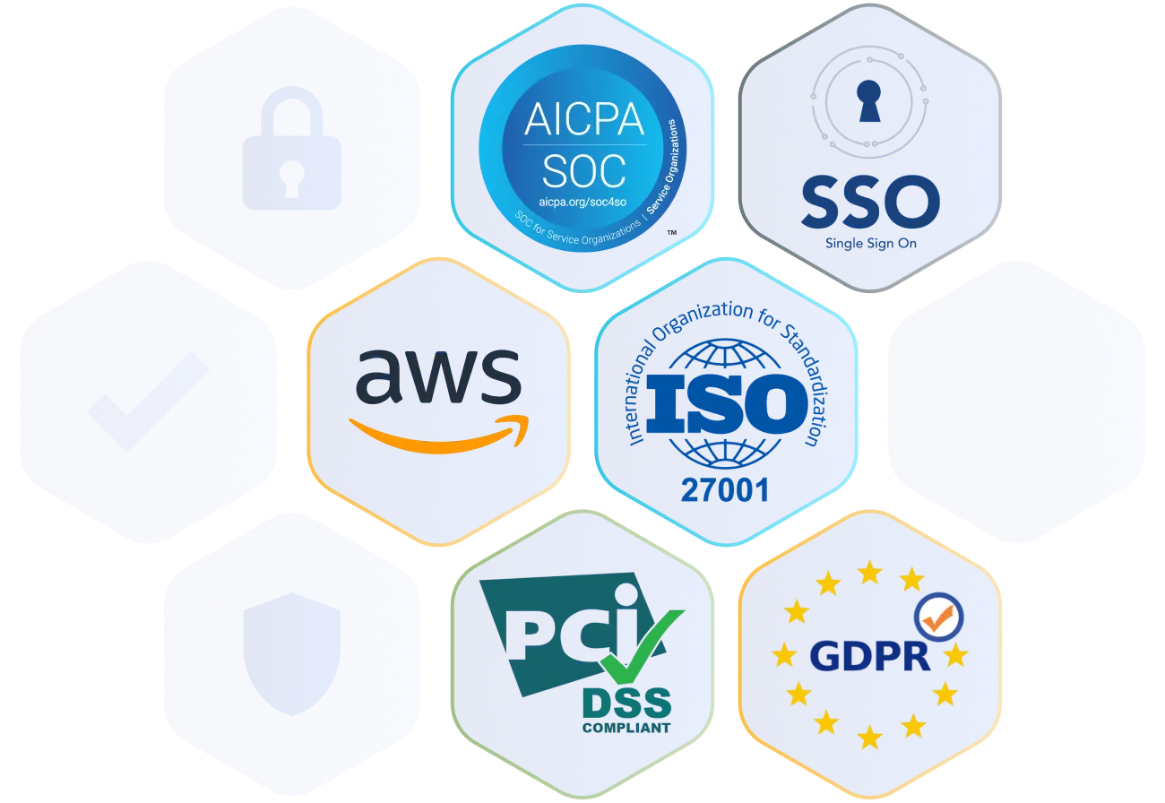 Graphic displaying security and compliance certifications, ensuring data protection for hybrid events using a trusted event management platform.