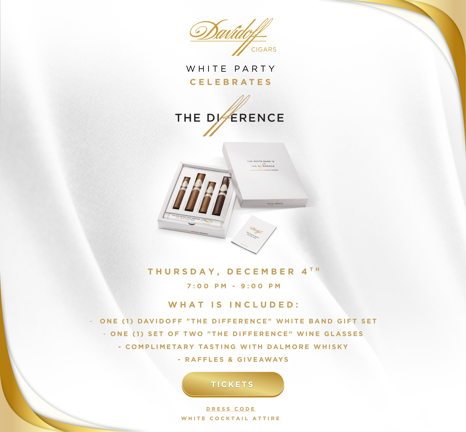 Promo flyer for Davidoff The Difference White Party December 4th at 7:00pm - 9:00pm opens new window link to eventbrite for tickets