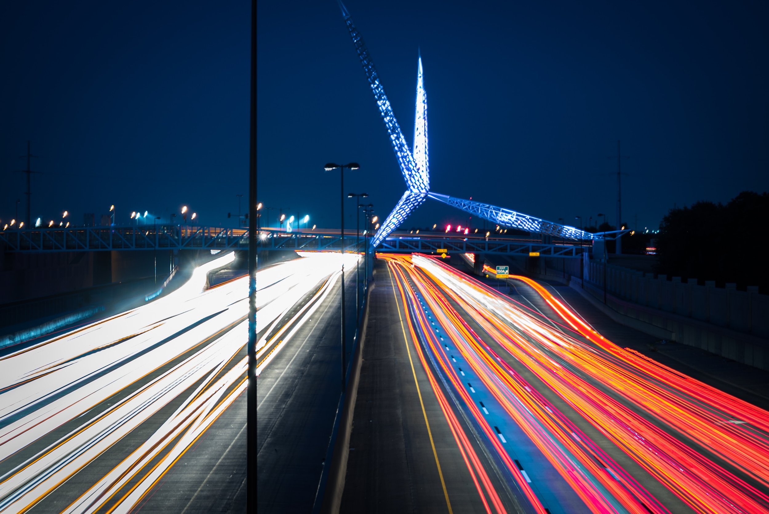Night photo of the skydance bridge in OKC.
