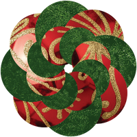 Decorative Christmas ornament with red and gold patterns and green spirals.
