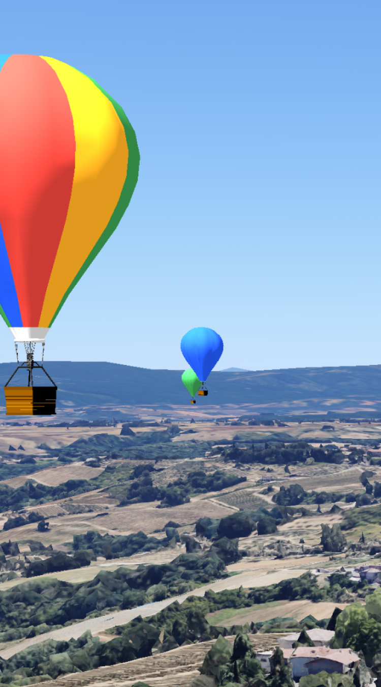 3D map rendering of a location with hot air balloons