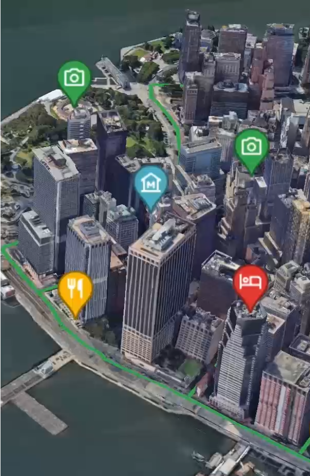 3D aerial map of a city with skyscrapers, water, and a green route. Map pins mark photo spots, a museum, food, and lodging.
