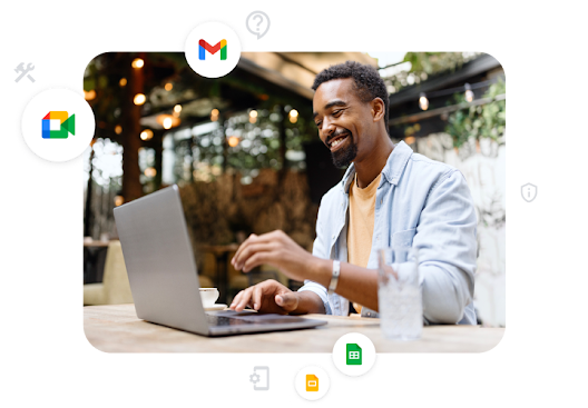 Graphic illustration of a Google Workspace customer on his laptop showing icons for Google Meet, Gmail, Slides and Sheets. 