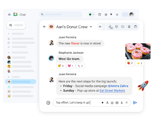 A Chat space called  ‘Dan’s Donut Crew’ showing a variety of ways people can express themselves including rich text formatting, reactions, and images.