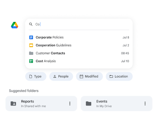 Bei einer Suche in Drive werden Dateien und Ordner gefunden
