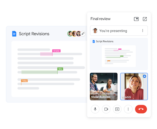 Three users in a Google Meet call collaborating on a Google Doc in real-time.