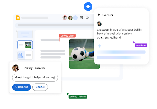 A Google Slides deck using Gemini to create an image to insert into a slide.

