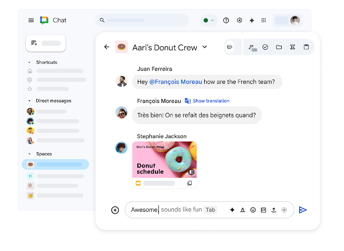 A Google Chat space titled ‘Dan’s Donut Crew’ showing a shared Google Slides deck and a message in French with an option with an option to show translation.