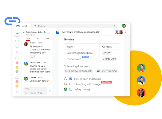 Workspace illustrative graphic - teammates edit a doc together while chatting live