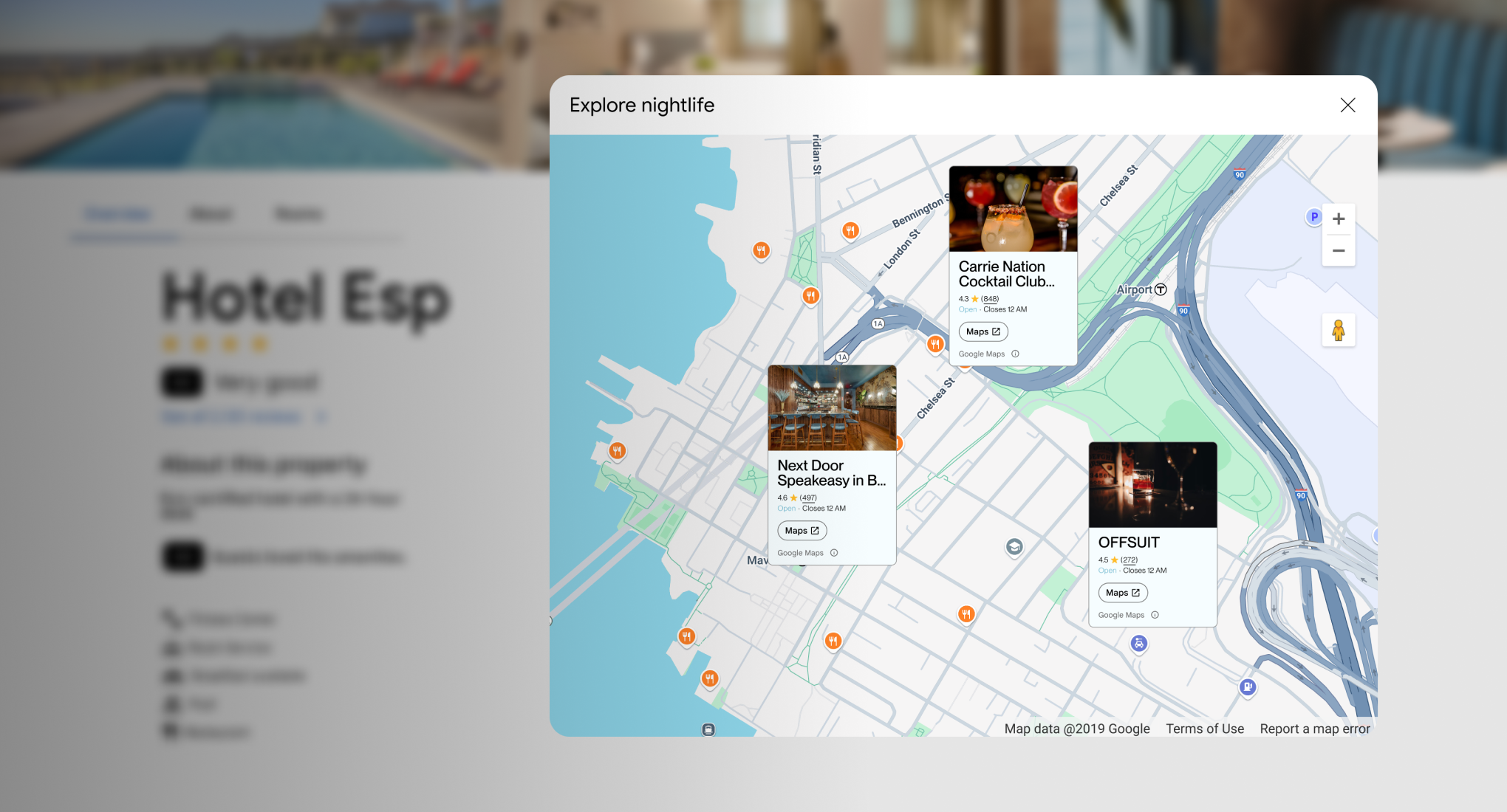 A map with location details about nearby bars.