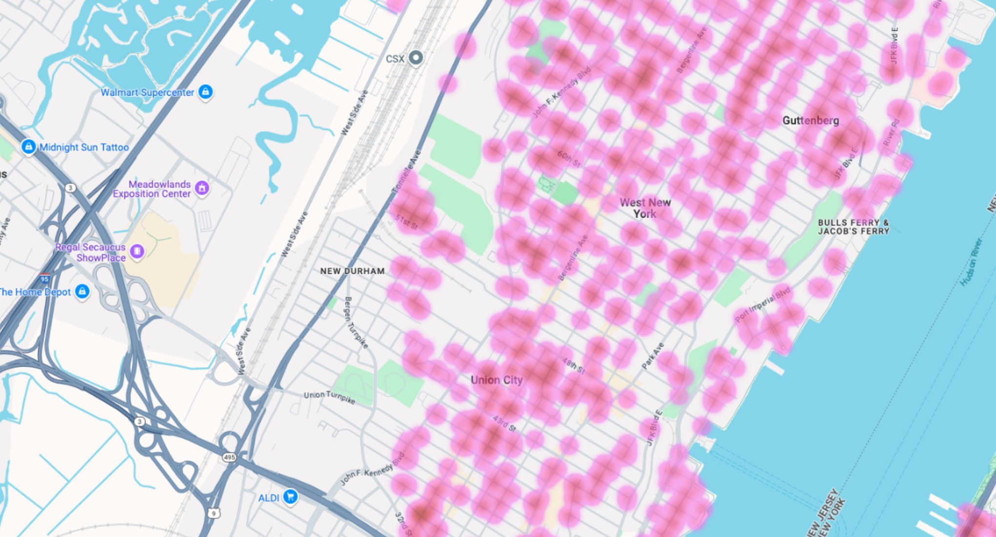 High-level 2D map with business markers and pink hot spots