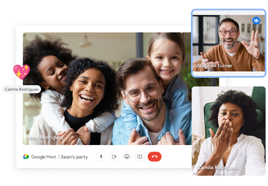 Three windows of a Google Meet video call show participants for a virtual party. 
