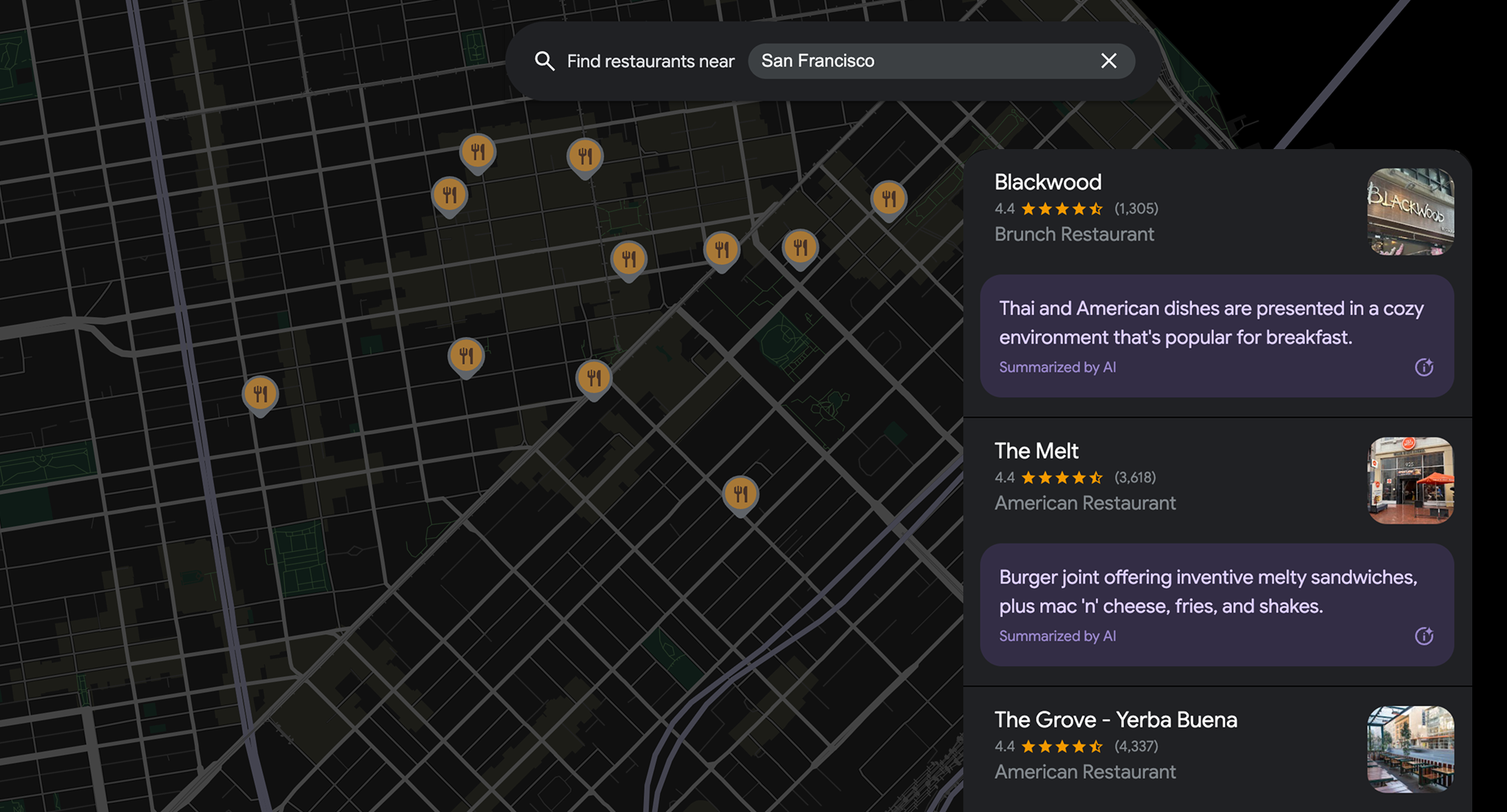 Map of restaurants in a neighborhood with reviews