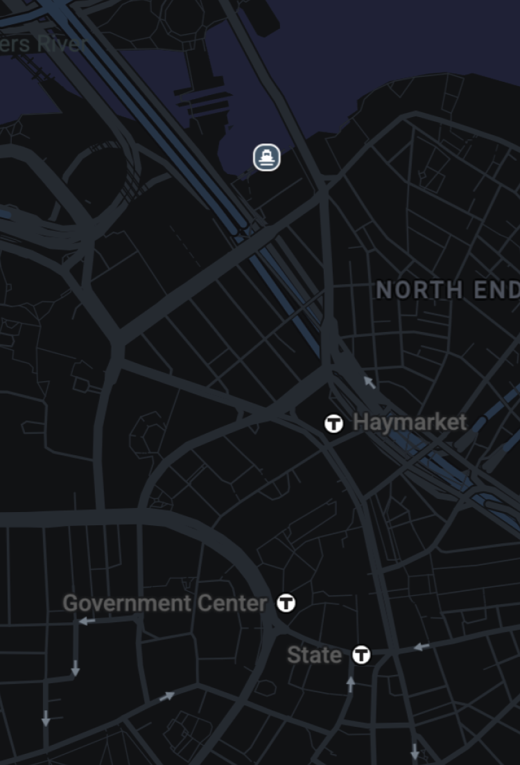 A black and grey map of Boston with multiple bars highlighted.