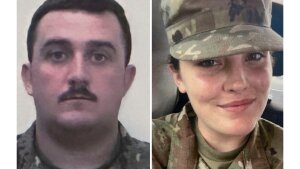 This photo combination shows injured West Virginia National Guard Staff Sgt. Andrew Wolfe (left) and Specialist Sarah Beckstrom, who died after Wednesday's shooting in Washington, D.C.
