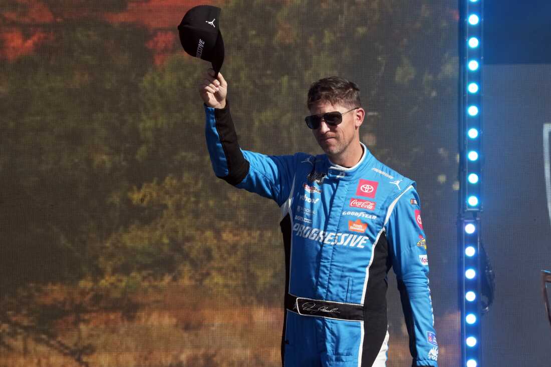Denny Hamlin is introduced before a NASCAR Cup Series auto race Sunday, Nov. 2, 2025, in Avondale, Ariz.