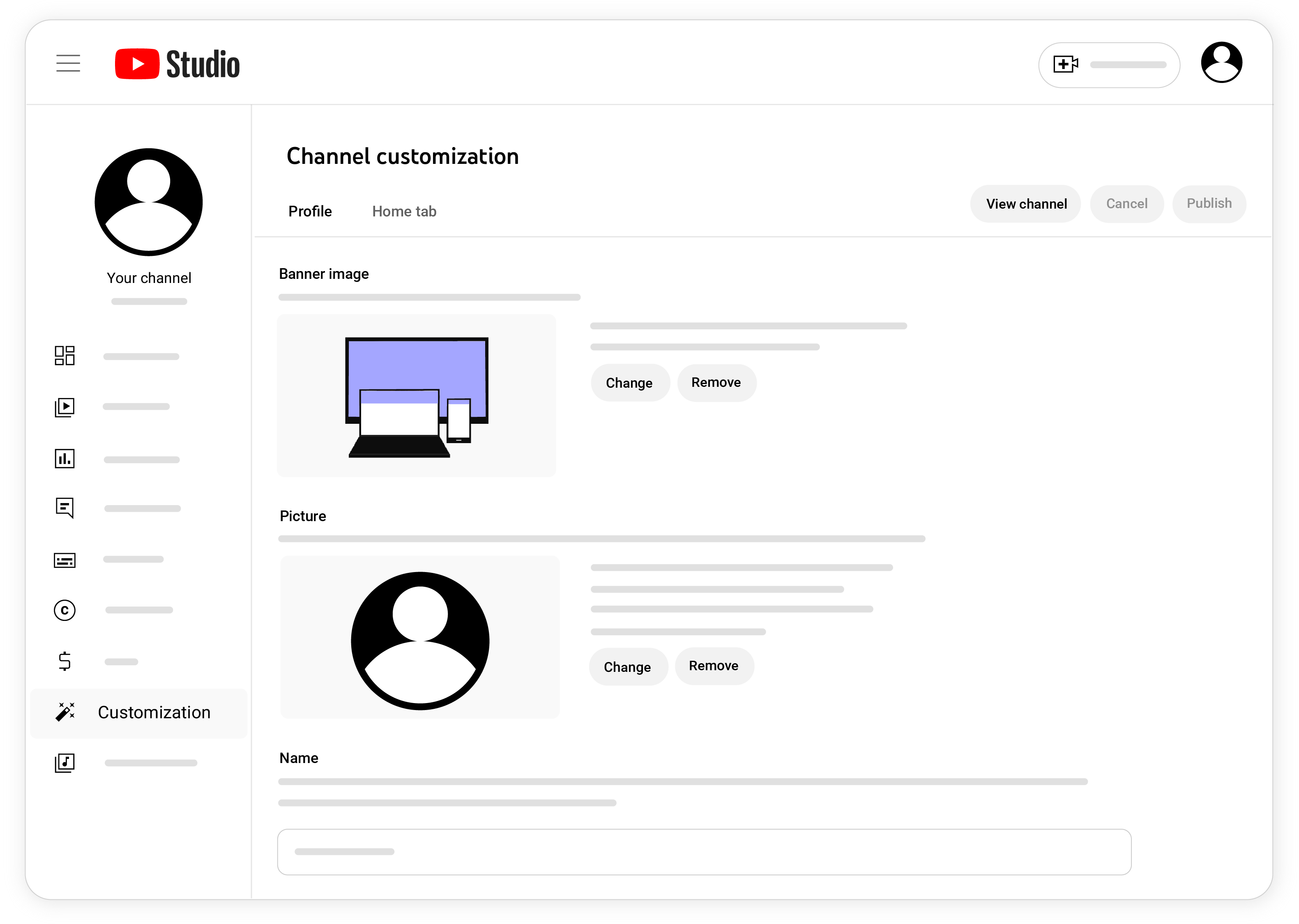 image shows channel customization page with banner image and picture upload options
