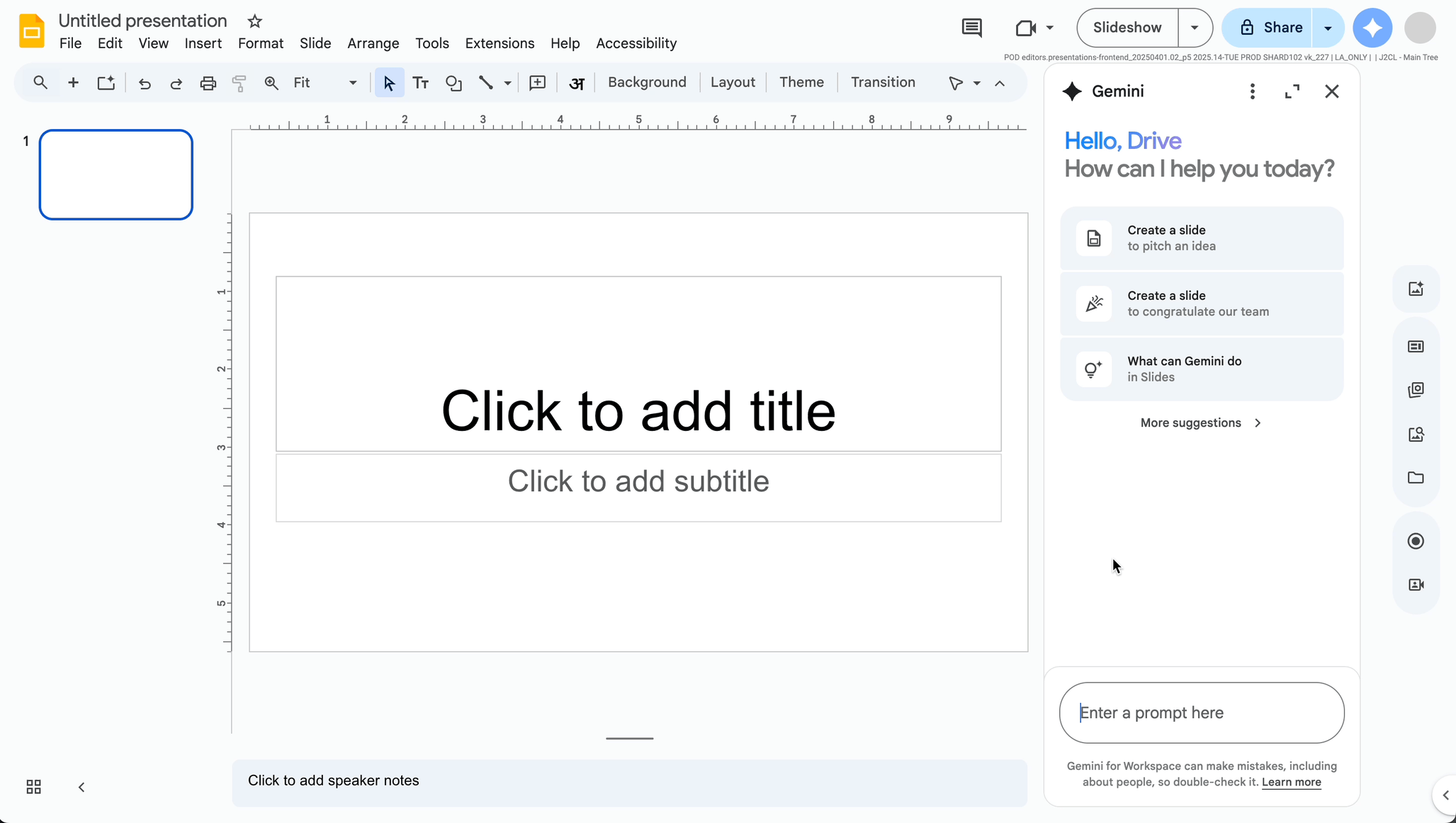 An animation showing a user asking Gemini in Slides to create a slide to show a congratulatory message to the team