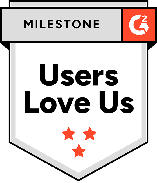 A G2 badge with the word "Milestone" at the top, featuring "Users Love Us" in bold letters, three red stars below, and a nod to Fall 2025 achievements.