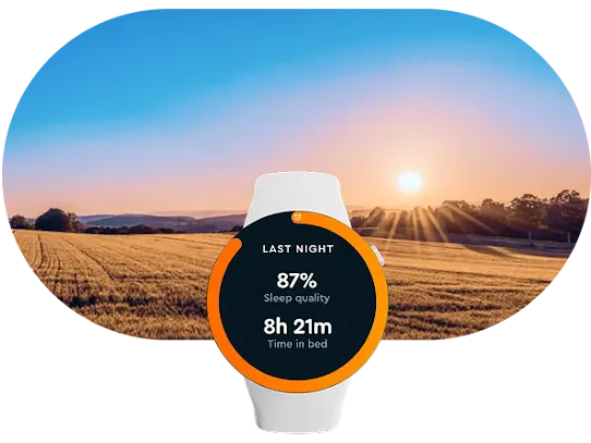 In the foreground, a smartwatch with the Sleep Cycle app open. Behind it, a view of sunset over a field.