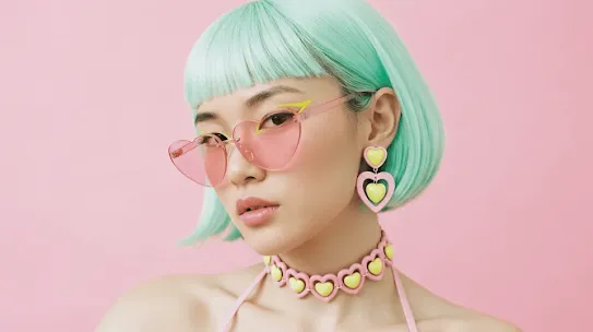 A person with mint green bangs and a bob wears pink, heart-shaped sunglasses and matching jewelry against a pink background. The text "Add volumetric lighting" appears, transforming the lighting of the photo.