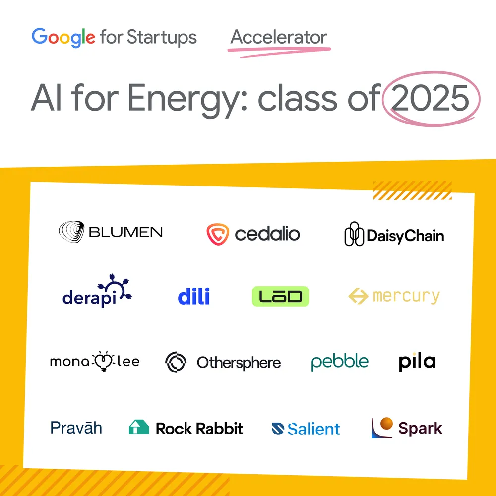 A graphic announcing the 29 startups that are participating in the Google for Startups Accelerator program in 2025