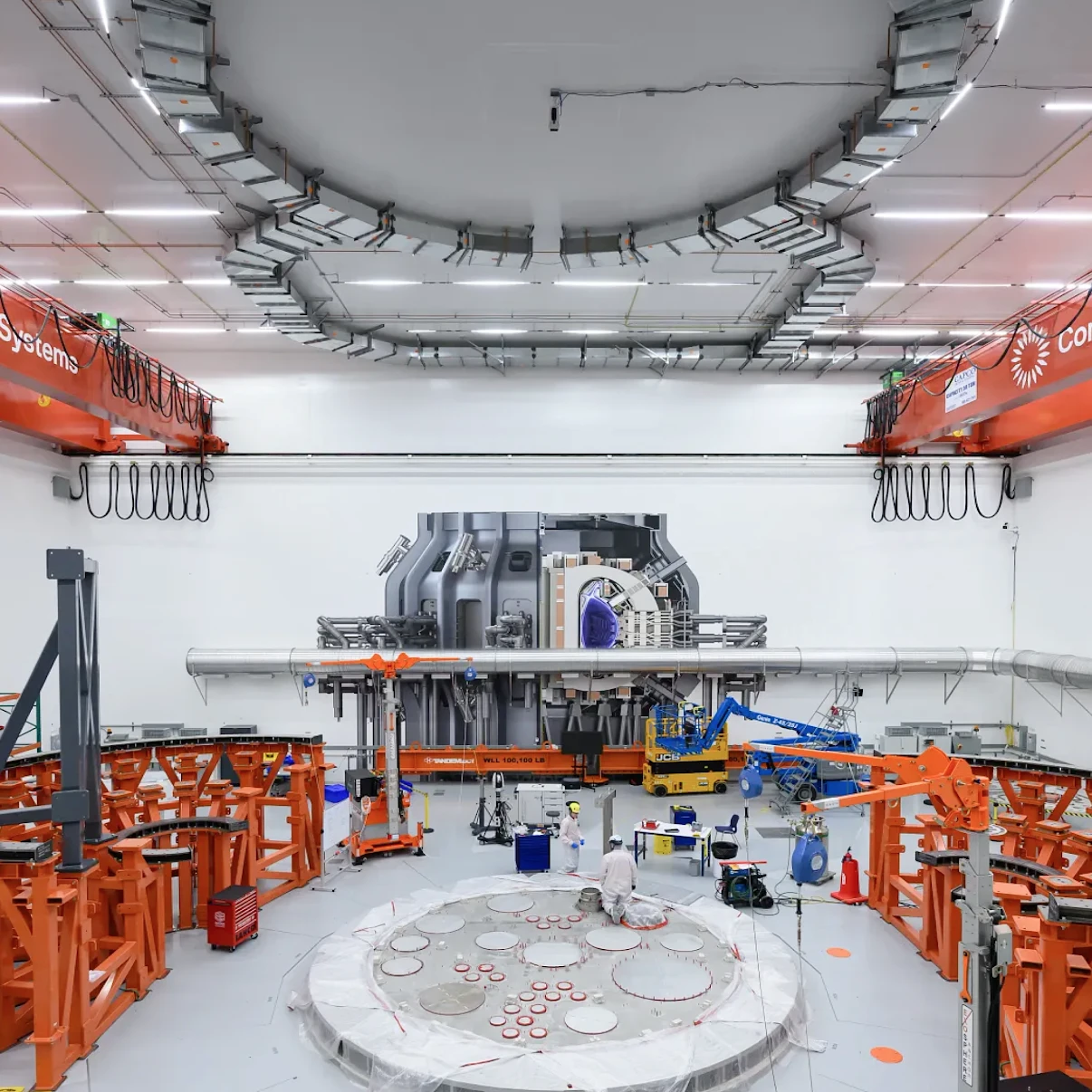 Photograph taken at Commonwealth Fusion Systems showing SPARC construction, a compact, powerful tokamak machine.