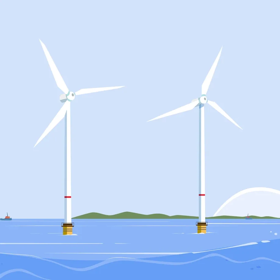 Cartoon illustration of three offshore wind turbines