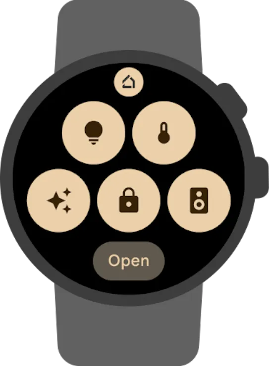 A smartwatch screen displaying five tappable icons adjust smart home devices controls: light, thermostat, automation, smart lock, speaker, and fan. The area below the icons launches the Google Home app on the watch.