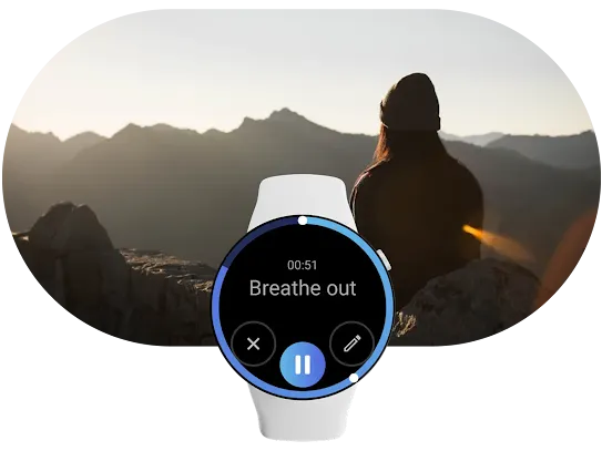 In the foreground, a smartwatch with the Calm app open. Behind it, a person stands and looks out at a view of mountains.