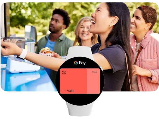 In the foreground, a smartwatch with Google Wallet open. Behind it, a person happily uses their watch to pay at a kiosk.