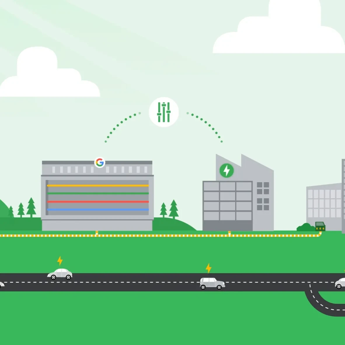 Illustration of a smart energy grid with electric vehicles on roads.