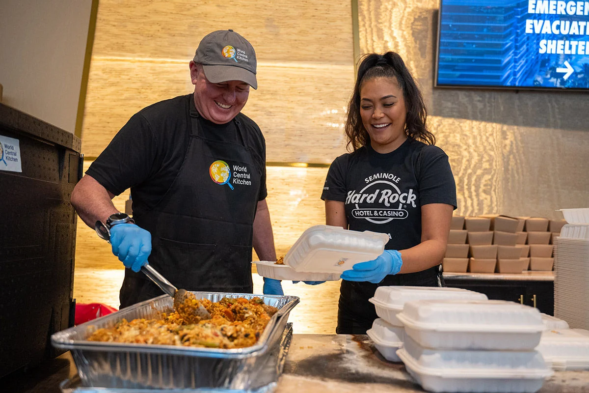 Hurricane relief event with World Central Kitchen and Seminole Hard Rock passing out food